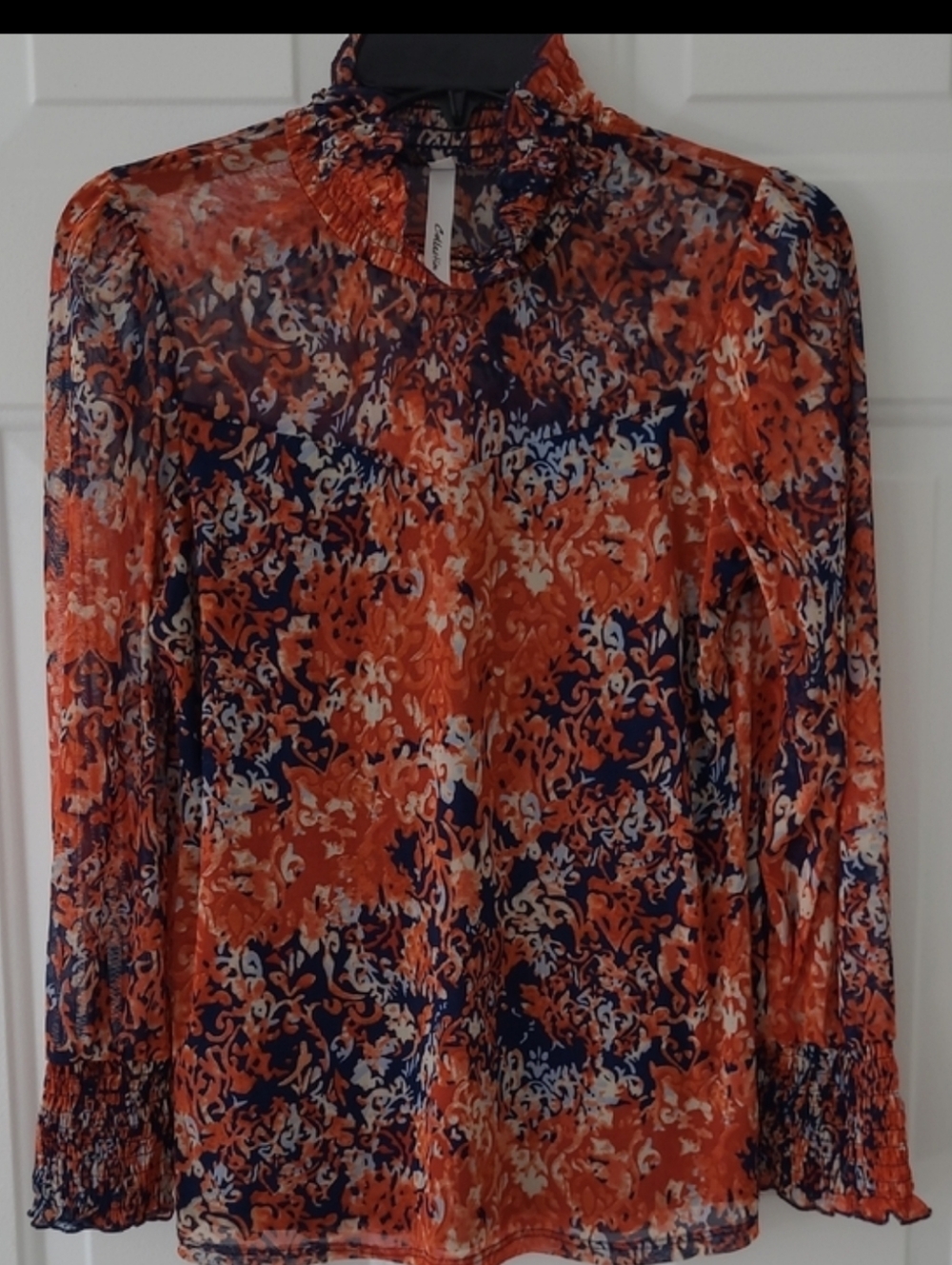 NY Collection Women’s Smocked Neck Floral Print Top - Mesh,Orange Navy